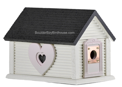 Sweetheart Birdhouse with Gable Roof Single Window Antique White & Little Pink
