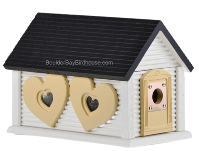 Sweetheart Birdhouse with Gable Roof Double Window Antique White & Buttercup Yellow