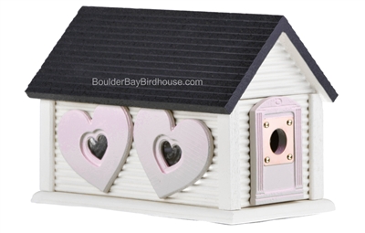 Sweetheart Birdhouse with Gable Roof Double Window Antique White & Little Pink