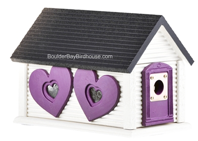 Sweetheart Birdhouse with Gable Roof Double Window Antique White & Deep Purple