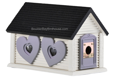 Sweetheart Birdhouse with Gable Roof Double Window Antique White & Lilac